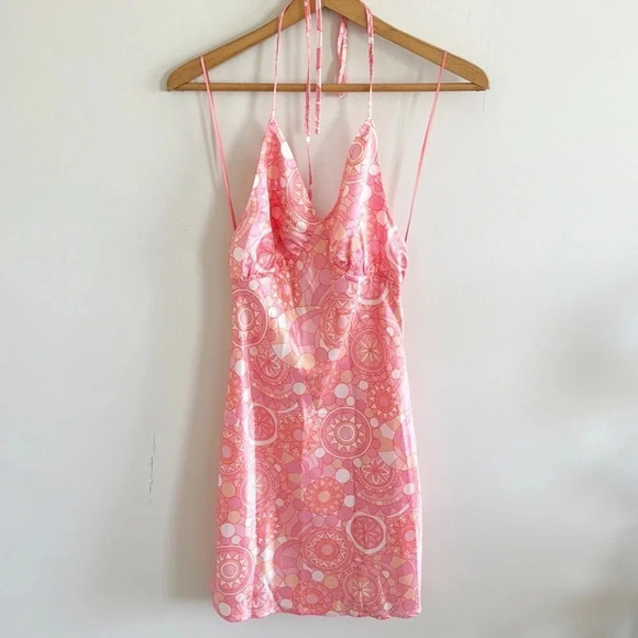 Araminta James pink Capri silky retro printer halter Mini Dress Size small NWT - Picture 7 of 13